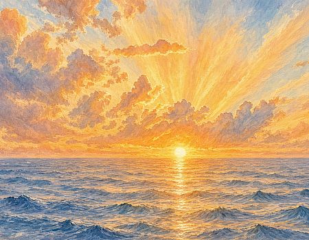 A dramatic sunrise pours golden light over snowy mountain peaks and clouds, filling the sky with orange and blue glow.