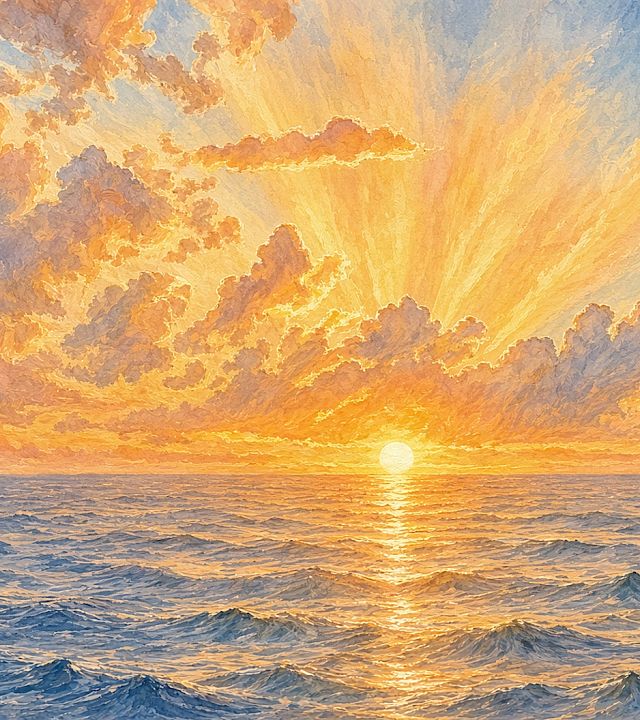 A dramatic sunrise pours golden light over snowy mountain peaks and clouds, filling the sky with orange and blue glow.