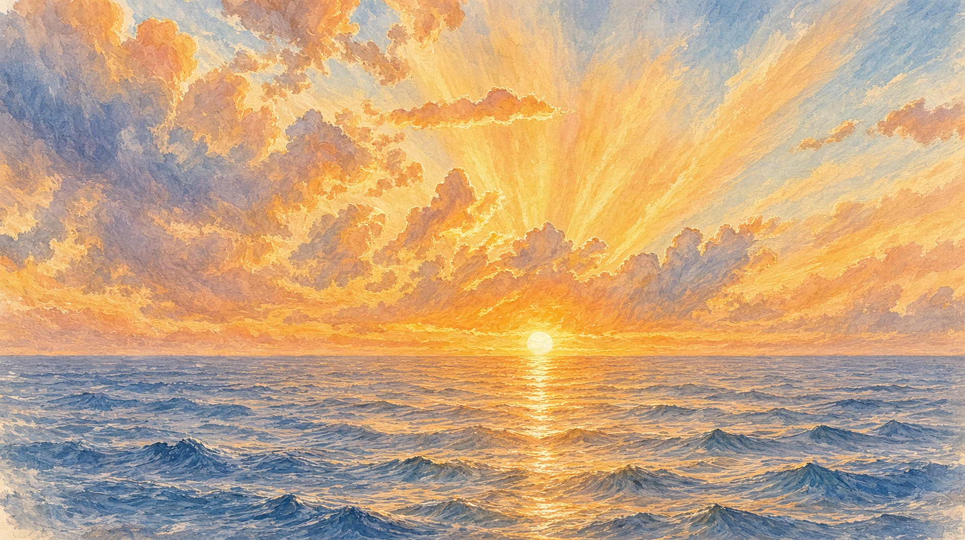 A dramatic sunrise pours golden light over snowy mountain peaks and clouds, filling the sky with orange and blue glow.