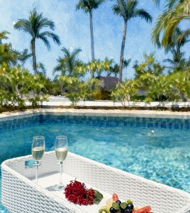 A sunny poolside scene with palm trees, two champagne flutes, and a fruit plate resting on a wicker table.