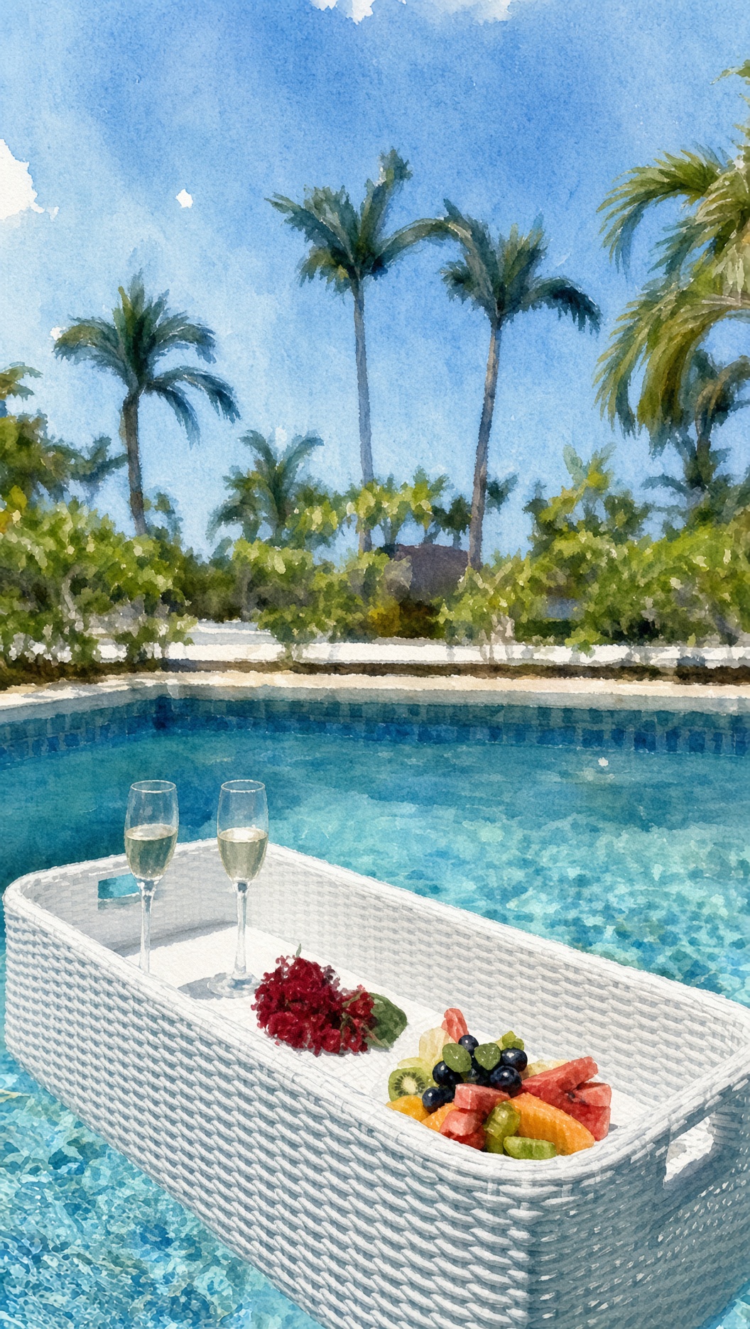 A sunny poolside scene with palm trees, two champagne flutes, and a fruit plate resting on a wicker table.