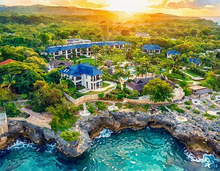 An aerial view of a lush tropical resort with villas, pools, gardens, and a rocky beachfront overlooking sparkling turquoise water.