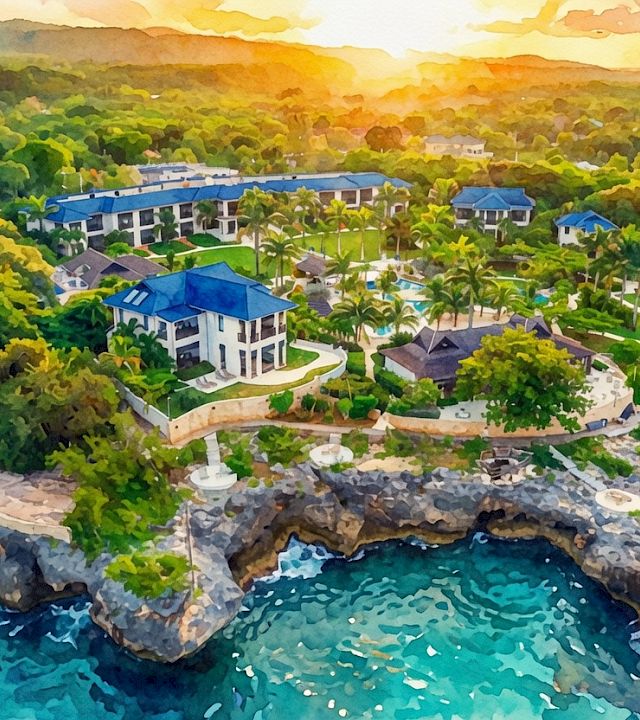 An aerial view of a lush tropical resort with villas, pools, gardens, and a rocky beachfront overlooking sparkling turquoise water.