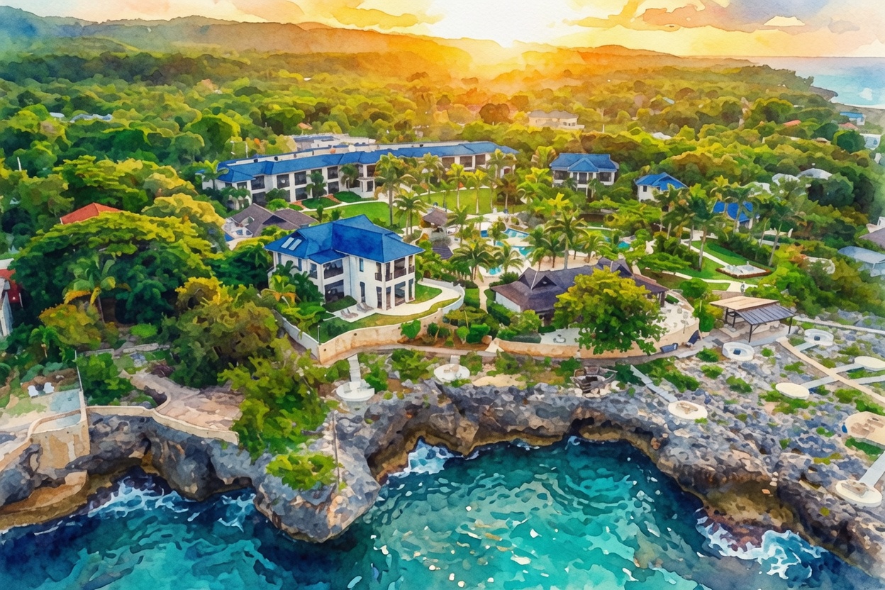 An aerial view of a lush tropical resort with villas, pools, gardens, and a rocky beachfront overlooking sparkling turquoise water.