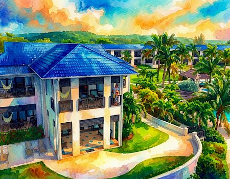 A colorful watercolor shows a resort villa with blue roofs, hammocks, and a curving pool surrounded by lush palm gardens.