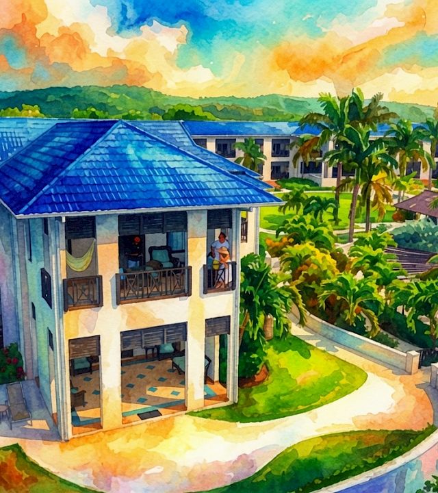 A colorful watercolor shows a resort villa with blue roofs, hammocks, and a curving pool surrounded by lush palm gardens.