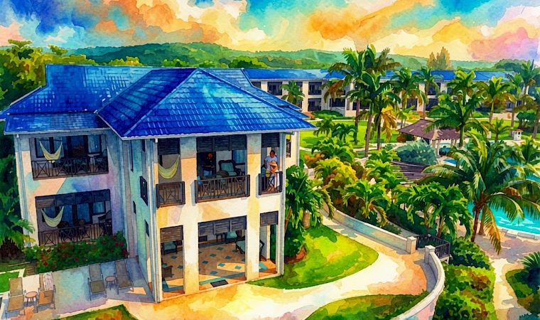 A colorful watercolor shows a resort villa with blue roofs, hammocks, and a curving pool surrounded by lush palm gardens.