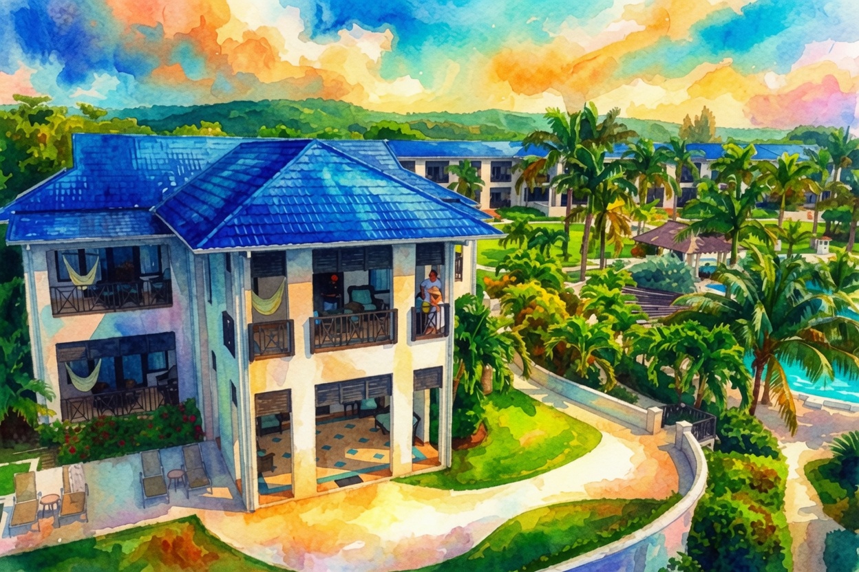 A colorful watercolor shows a resort villa with blue roofs, hammocks, and a curving pool surrounded by lush palm gardens.
