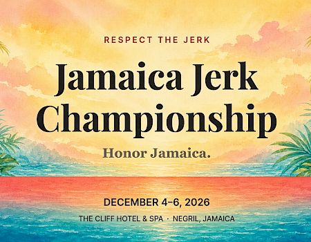A Jamaica Jerk Championship poster: Respect the Jerk, Dec 4–6, 2026, The Cliff Hotel & Spa, Negril.