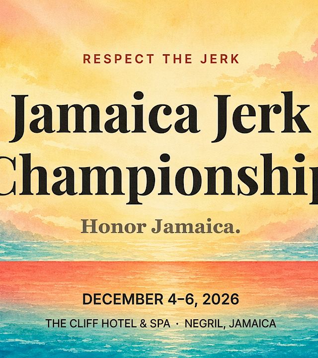 A Jamaica Jerk Championship poster: Respect the Jerk, Dec 4–6, 2026, The Cliff Hotel & Spa, Negril.