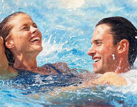 Two swimmers laugh in the ocean as water splashes around them.