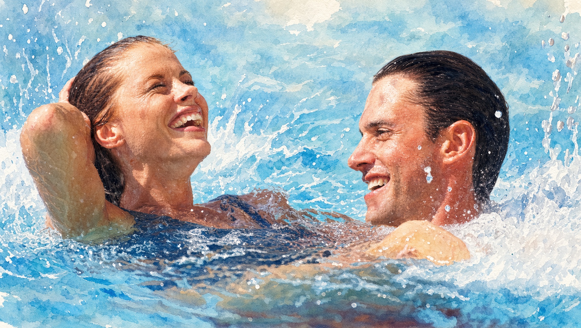 Two swimmers laugh in the ocean as water splashes around them.