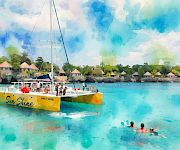 A docked yellow catamaran labeled “Sun Shine” in a tropical lagoon with overwater huts and swimmers in turquoise water.