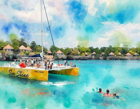A docked yellow catamaran labeled “Sun Shine” in a tropical lagoon with overwater huts and swimmers in turquoise water.