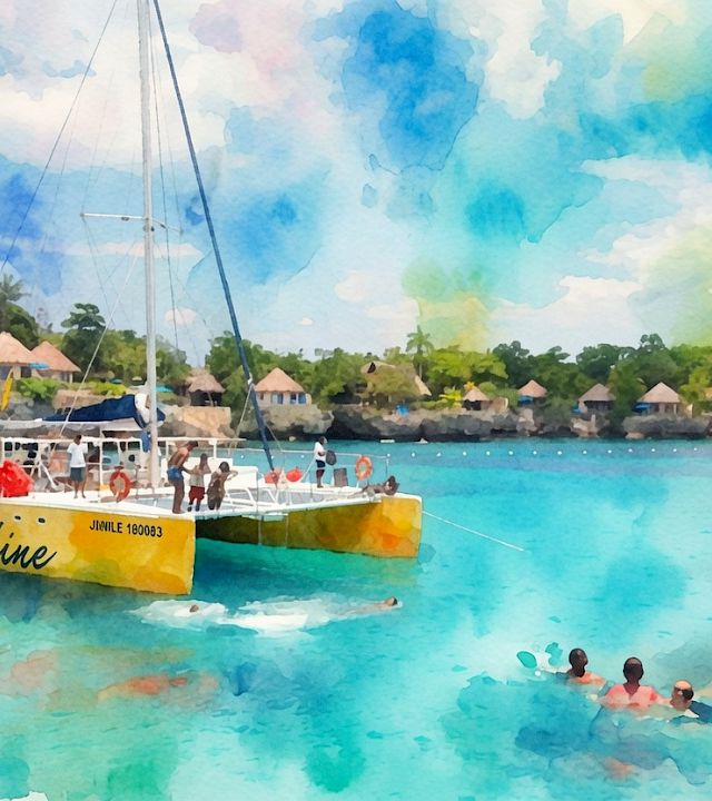 A docked yellow catamaran labeled “Sun Shine” in a tropical lagoon with overwater huts and swimmers in turquoise water.