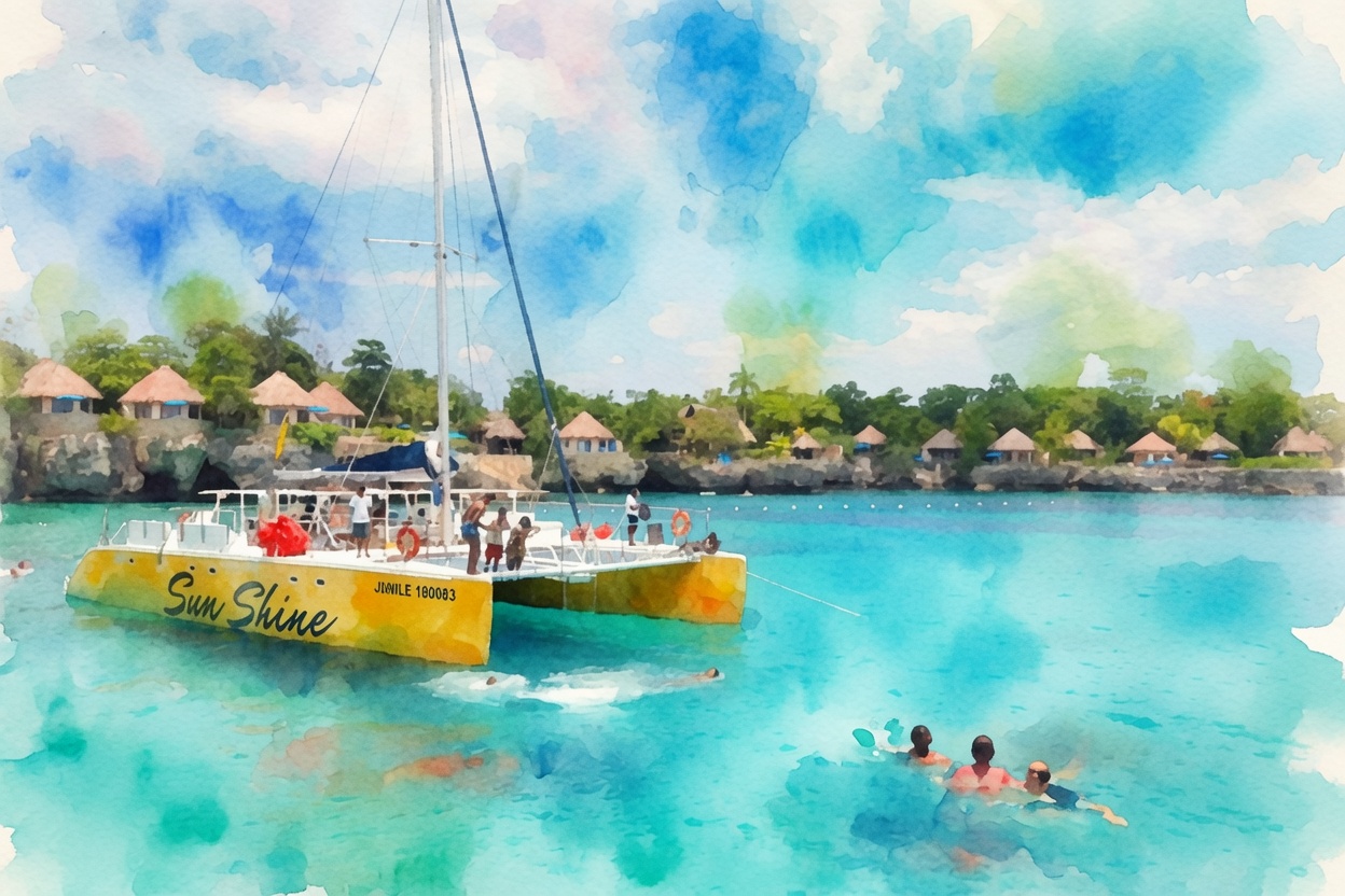A docked yellow catamaran labeled “Sun Shine” in a tropical lagoon with overwater huts and swimmers in turquoise water.