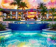 A colorful tropical resort at dusk with a lit swimming pool, palm trees, and a dreamy paint-splatter sky.