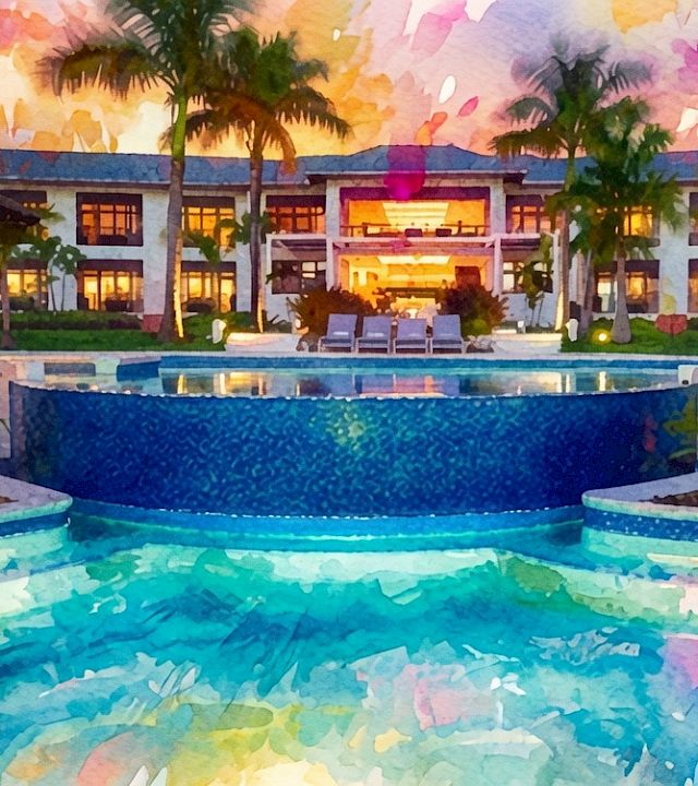 A colorful tropical resort at dusk with a lit swimming pool, palm trees, and a dreamy paint-splatter sky.