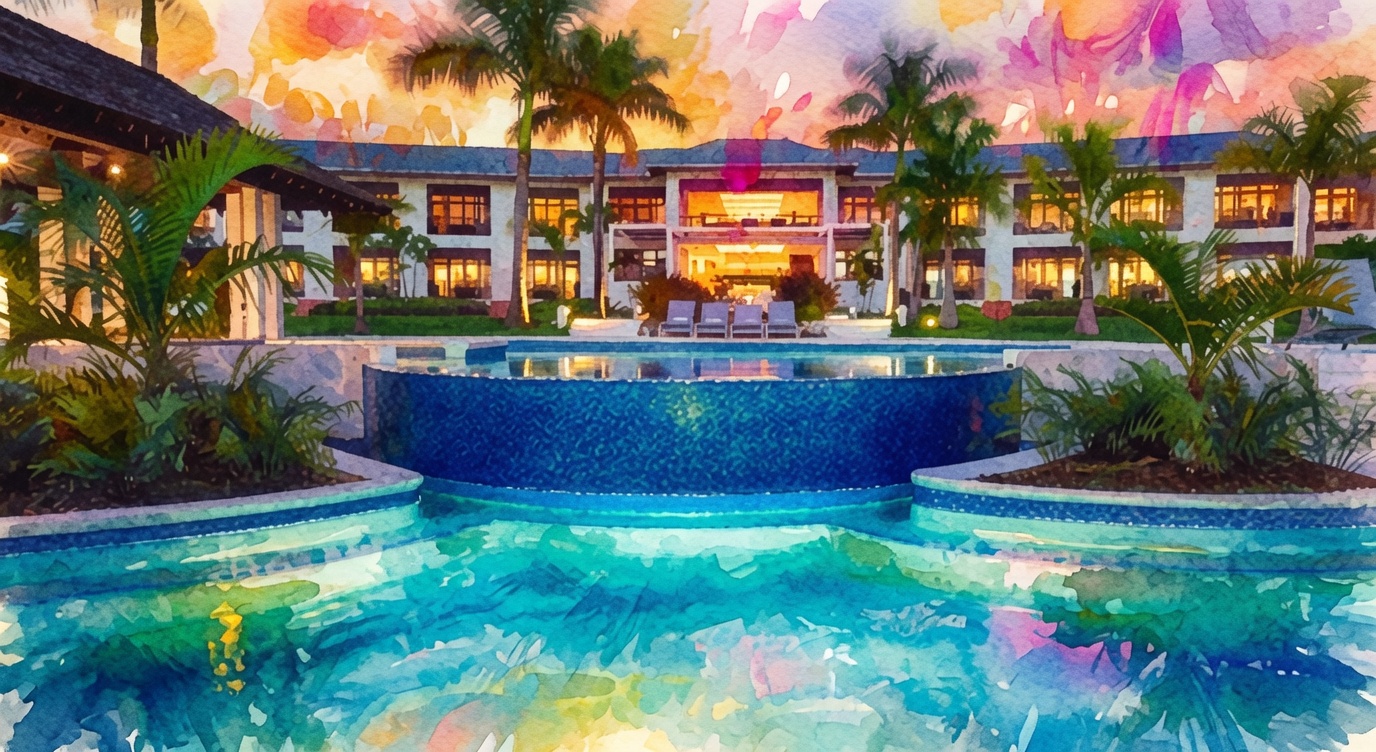 A colorful tropical resort at dusk with a lit swimming pool, palm trees, and a dreamy paint-splatter sky.