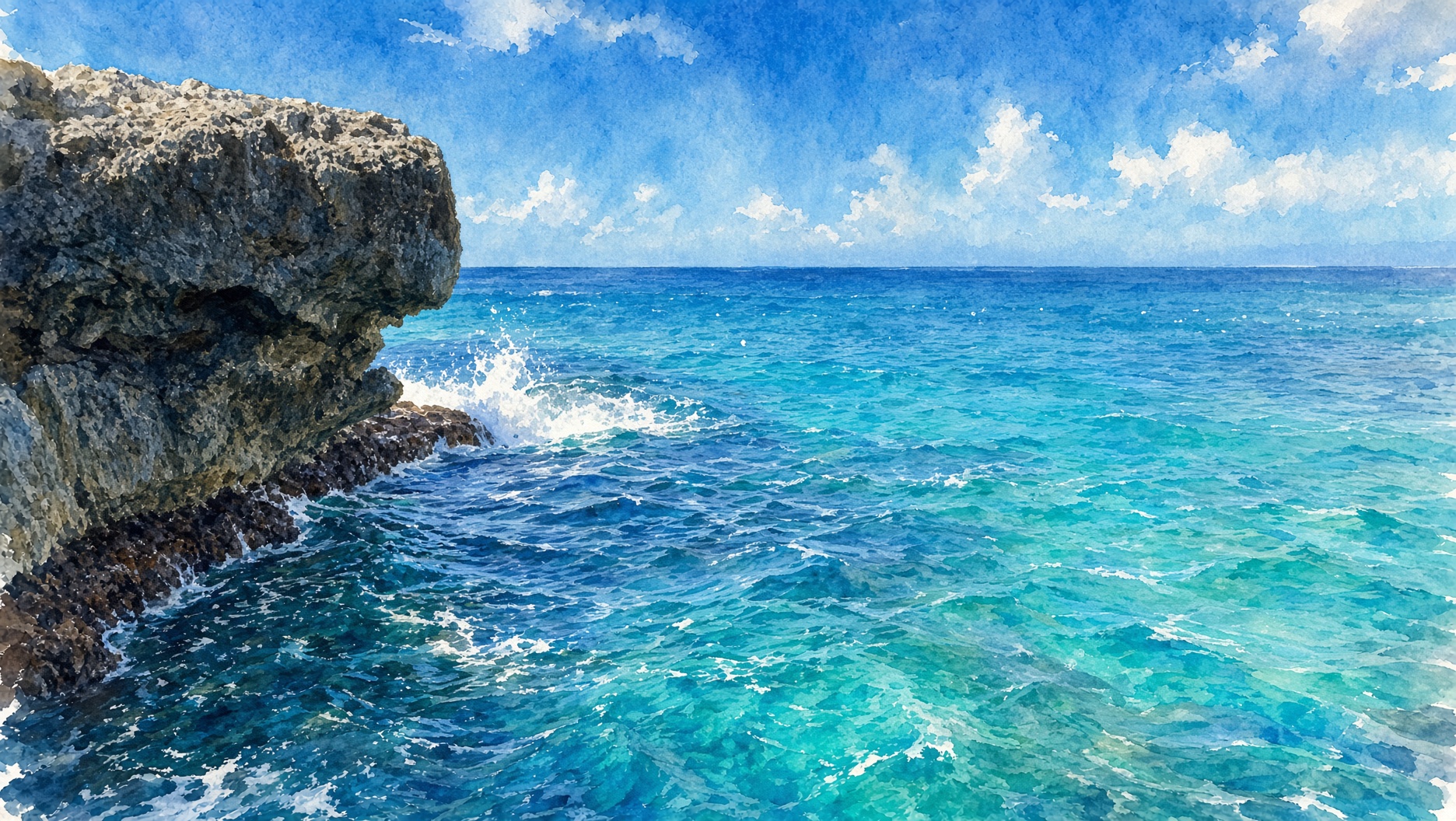 Waves crash against a rocky cliff as turquoise ocean and a bright blue, cloud-dotted sky stretch to the horizon.