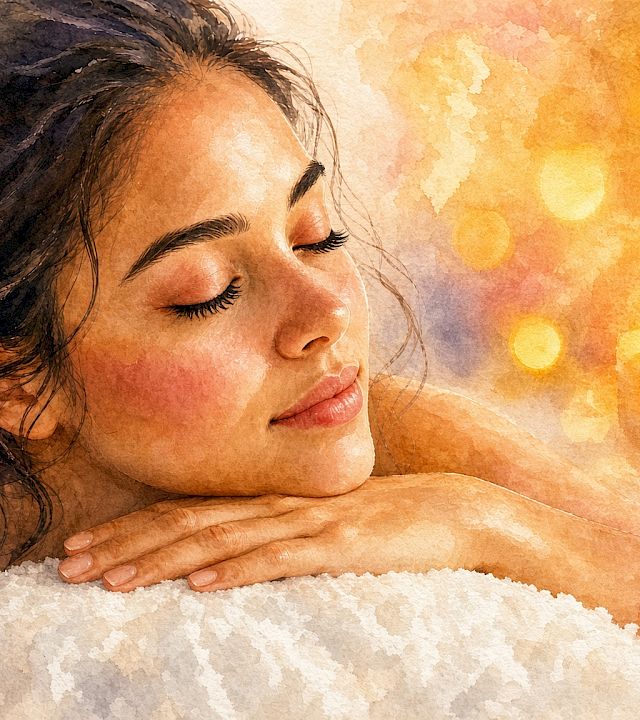 A serene woman with closed eyes rests on a pillow, while warm glowing lights and sunset tones fill the background.