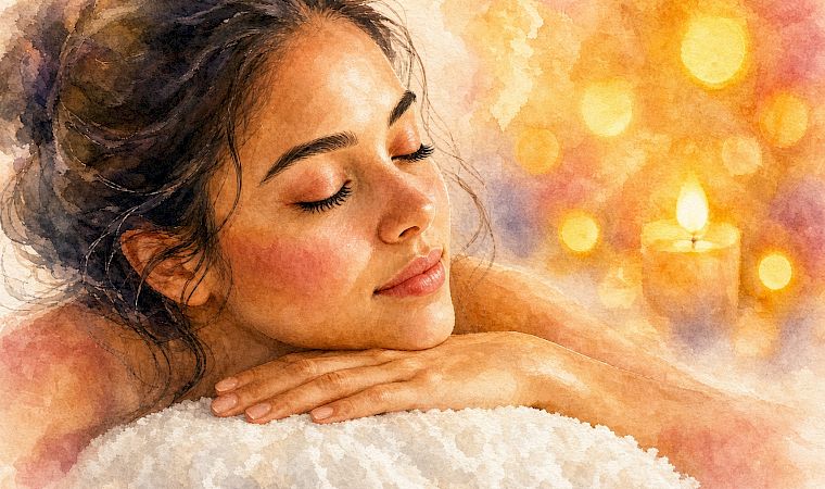 A serene woman with closed eyes rests on a pillow, while warm glowing lights and sunset tones fill the background.