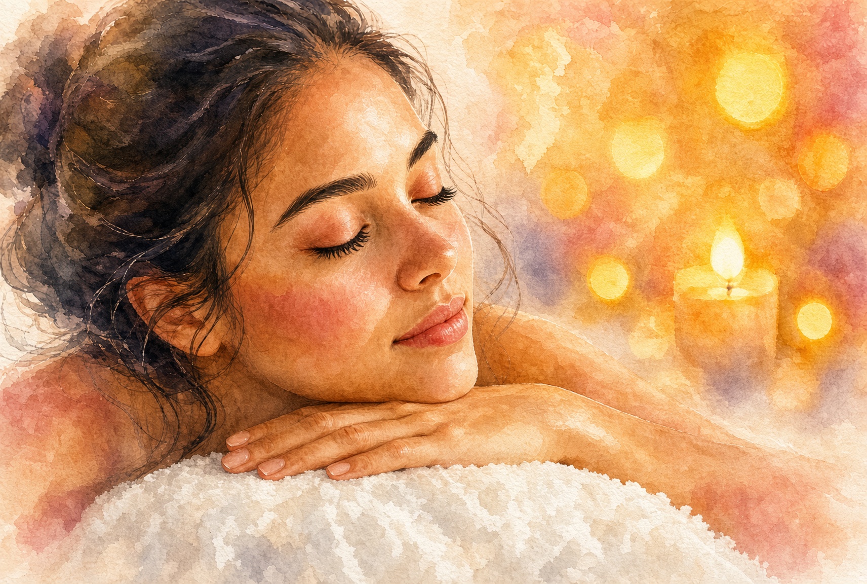 A serene woman with closed eyes rests on a pillow, while warm glowing lights and sunset tones fill the background.