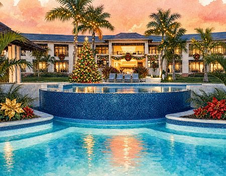 Festive resort courtyard at dusk: Christmas lights, wreaths, palm trees, and a sparkling pool.