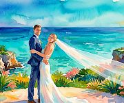 A wedding couple stands on a seaside backdrop, smiling as a flowing white veil trails toward the ocean in the sunshine, always.