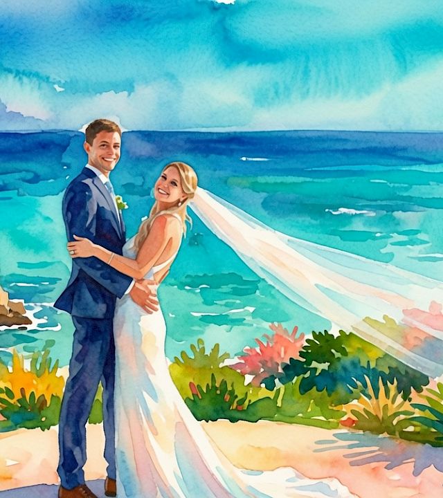 A wedding couple stands on a seaside backdrop, smiling as a flowing white veil trails toward the ocean in the sunshine, always.