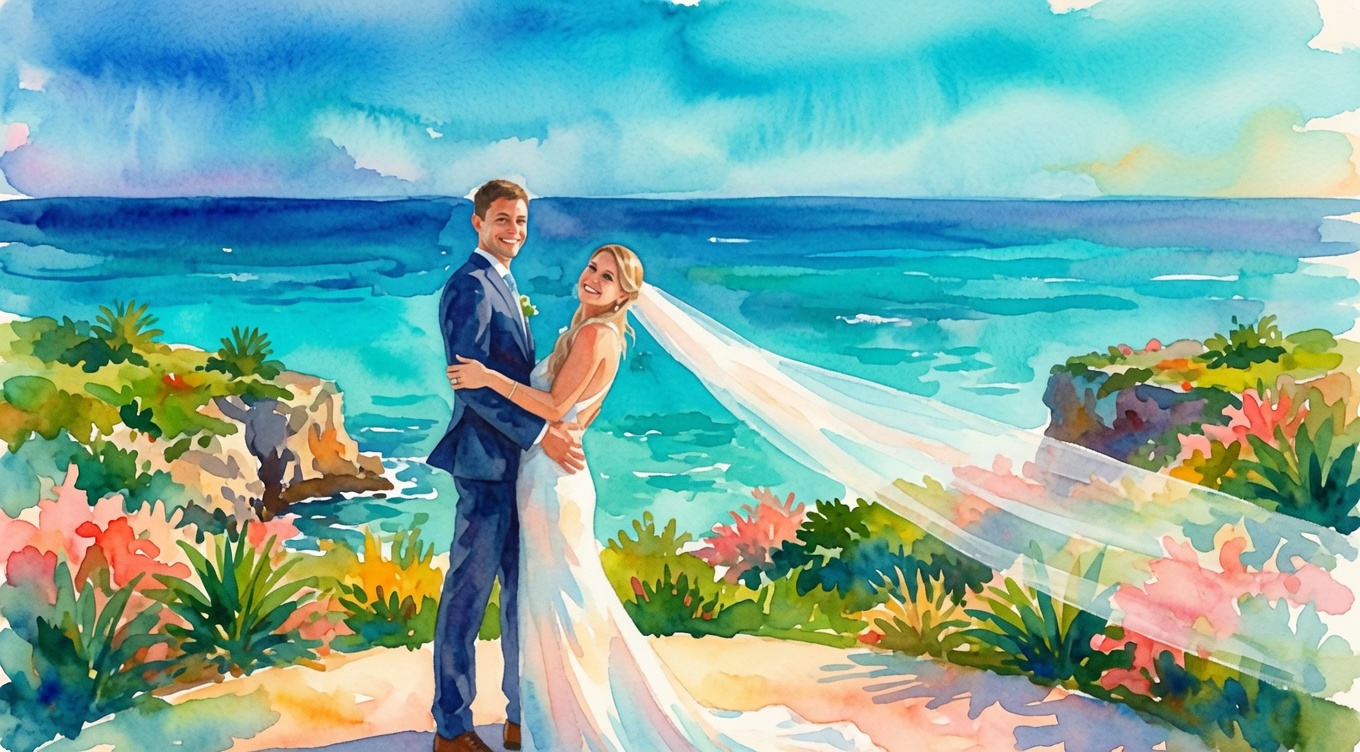 A wedding couple stands on a seaside backdrop, smiling as a flowing white veil trails toward the ocean in the sunshine, always.